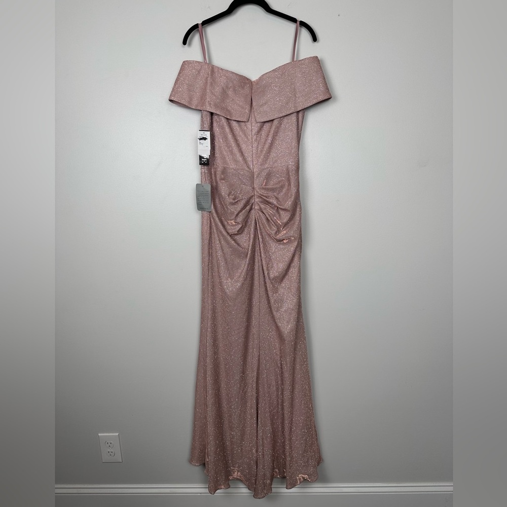 XSCAPE EVENINGS Blush / Silver Ruffle Off the Shoulder Foil Knit Trumpet Gown - Picture 6 of 11